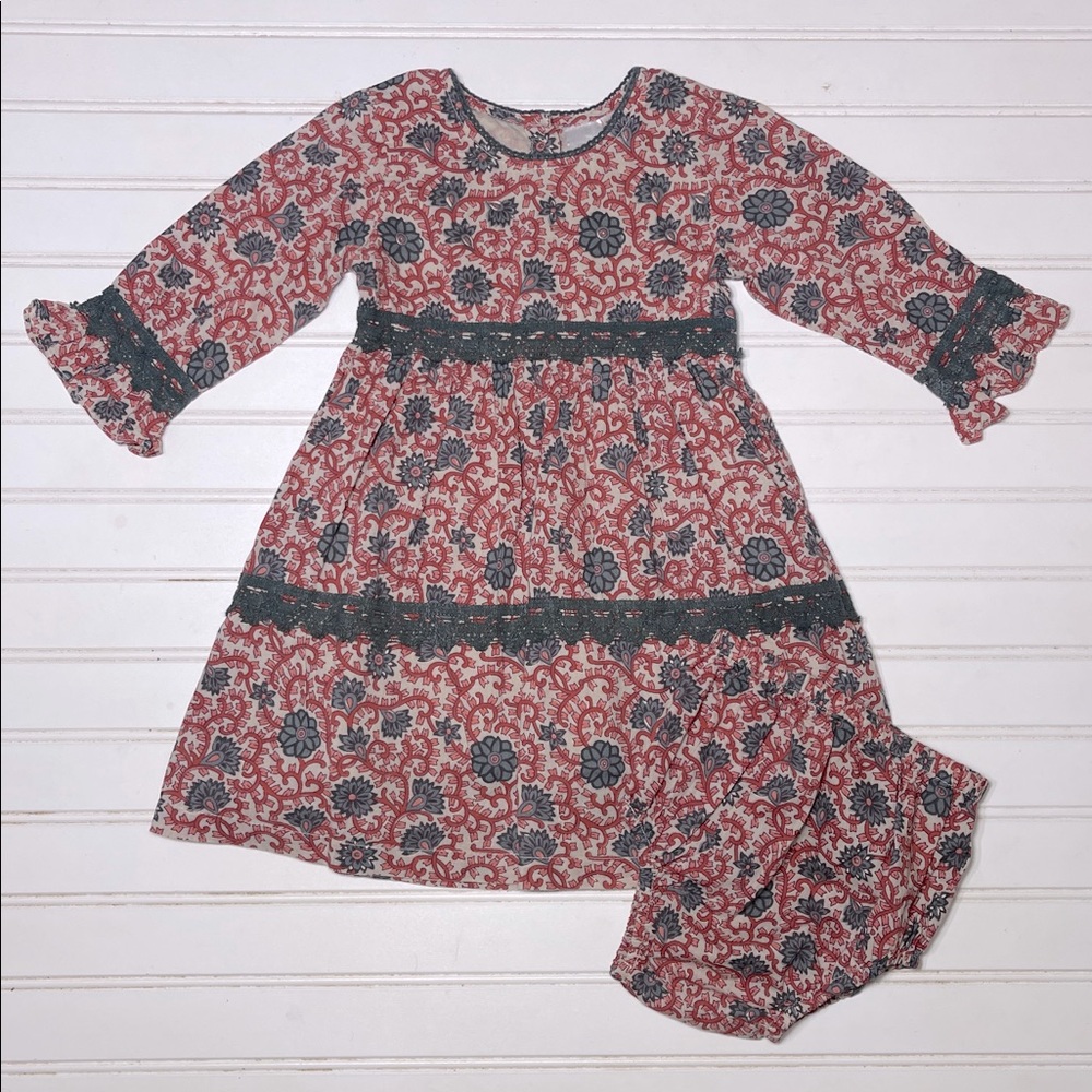 YO BABY EUC/NWOT Bohemian Floral Lace Lined Ruffle Sleeve Dress w/ Diaper Cover